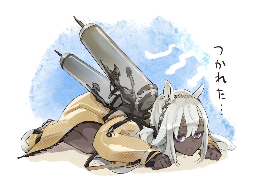 1girl arknights bags_under_eyes blue_background camel_ears camel_girl clenched_hand coat commentary dark-skinned_female dark_skin e-bushi full_body highres lying on_stomach open_mouth oversized_object short_hair simple_background solo syringe translated tuye_(arknights) violet_eyes white_background white_hair yellow_coat