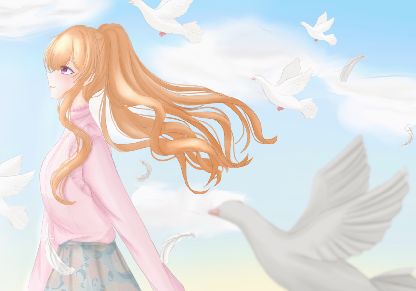 1girl bird blue_sky blush closed_mouth clouds cloudy_sky d4dj dove facing_to_the_side feathers green_skirt high_ponytail highres kase_mana long_hair long_sleeves looking_ahead orange_hair pink_shirt shirt skirt sky smile solo violet_eyes wbr_komet white_dove white_feathers