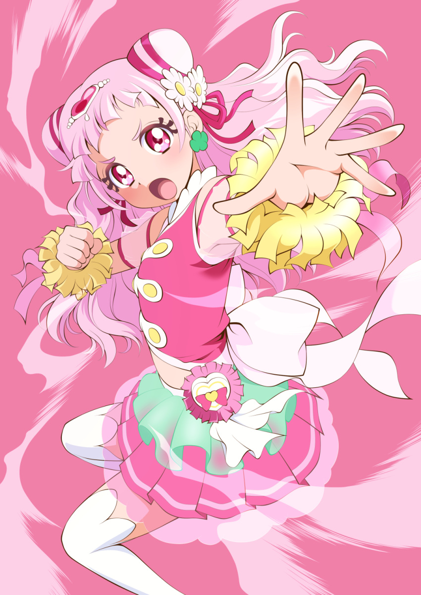 1girl :o back_bow bow clover_earrings cone_hair_bun cure_yell double_bun earrings floating_hair flower four-leaf_clover_earrings hair_bun hair_flower hair_ornament hair_ribbon heart heart_hair_ornament heart_pouch highres hugtto!_precure jewelry layered_skirt long_hair looking_at_viewer magical_girl mattsua midriff miniskirt navel nono_hana open_mouth outstretched_arm pink_background pink_eyes pink_hair pink_shirt pink_skirt pink_theme pleated_skirt pom_pom_(cheerleading) precure red_ribbon ribbon see-through shirt short_bangs simple_background skirt sleeveless sleeveless_shirt solo thick_eyelashes thigh-highs waist_brooch white_thighhighs zettai_ryouiki
