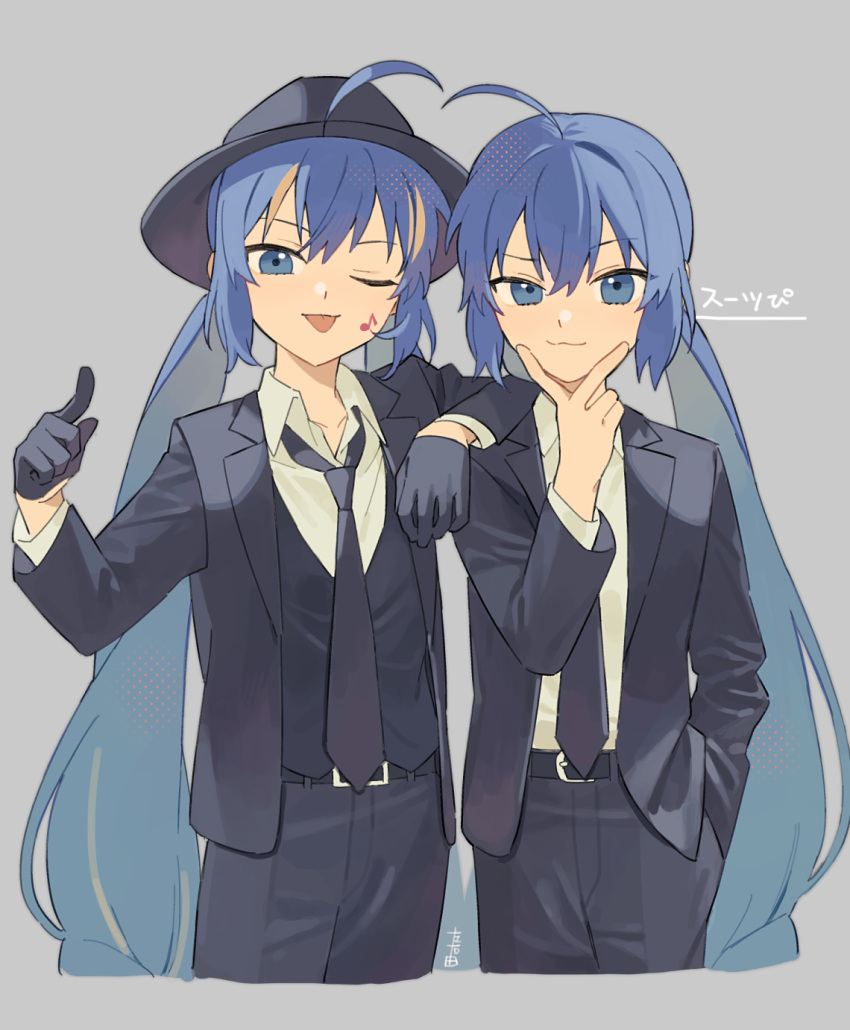 2girls ahoge arm_on_shoulder arm_rest artist_name belt black_belt black_gloves black_headwear black_jacket black_necktie black_pants black_suit black_vest blazer blonde_hair blue_eyes blue_hair closed_mouth collared_shirt cropped_legs crossdressing dress_pants dual_persona facial_tattoo fedora gloves grey_background halftone hand_in_pocket hat highres jacket long_hair looking_at_viewer loose_necktie low_twintails multicolored_hair multiple_girls musical_note musical_note_tattoo necktie one_eye_closed otomachi_una otomachi_una_(spicy) otomachi_una_(sugar) pants pointing pointing_at_viewer popped_collar raised_eyebrow shirt simple_background smirk streaked_hair suiso_sn3 suit tattoo three-piece_suit tongue tongue_out translation_request twintails v_over_mouth very_long_hair vest vocaloid white_shirt