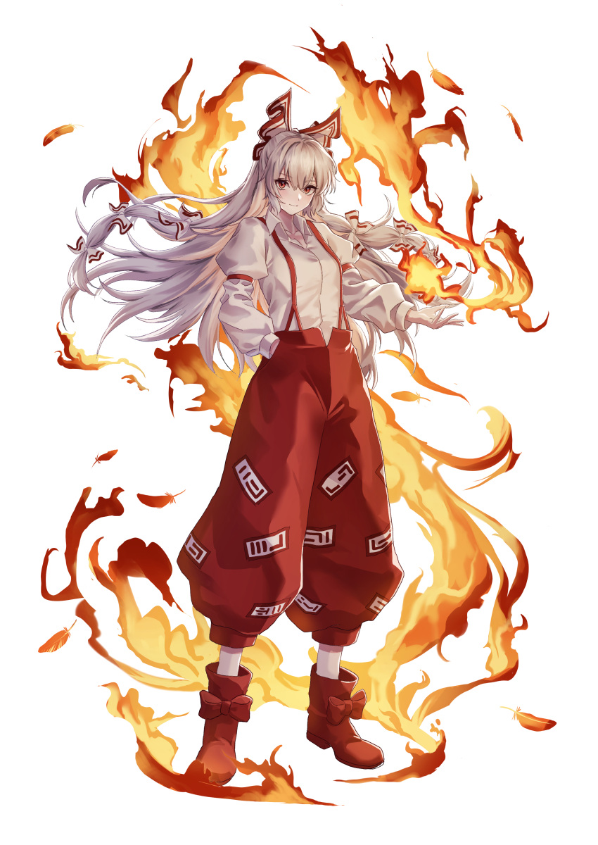 1girl absurdres baggy_pants boots bow closed_mouth collared_shirt commentary fire footwear_bow fujiwara_no_mokou full_body hair_bow hand_in_pocket hayaten highres juliet_sleeves long_hair long_sleeves looking_at_viewer ofuda ofuda_on_clothes pants puffy_sleeves red_bow red_eyes red_footwear red_pants shirt simple_background solo suspenders touhou two-tone_bow very_long_hair white_background white_bow white_shirt