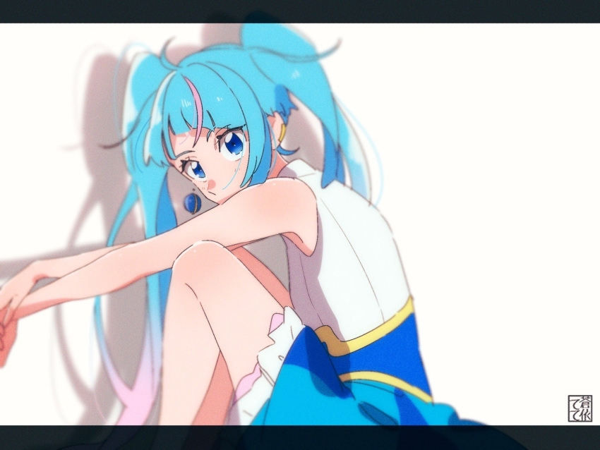 1girl arms_on_knees artist_name blue_dress blue_eyes blue_hair commentary cure_sky cut_bangs dress earclip earrings from_side gradient_hair highres hirogaru_sky!_precure jewelry letterboxed long_hair magical_girl multicolored_hair no_cape no_detached_sleeves no_gloves no_hair_ornament no_legwear pink_hair precure shadow short_dress signature single_earring single_sidelock sitting solo sora_harewataru streaked_hair tete_a twintails very_long_hair