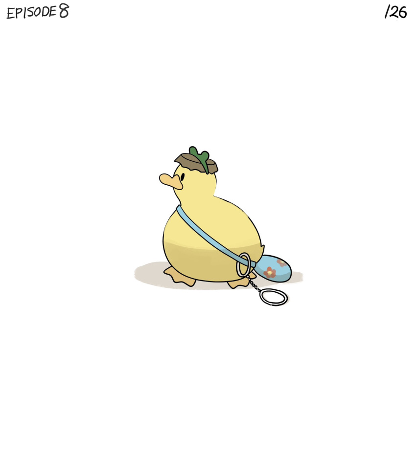 bag bird bottle_cap closed_eyes cuffs diva_(hyxpk) duck duckling english_commentary english_text frog_headband handcuffs happy_tears hat highres no_humans numbered original page_number pointing shoulder_bag simple_background smile tears white_background