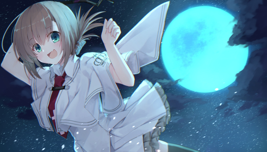 1girl :d absurdres ahoge aqua_eyes arms_up black_thighhighs blurry blurry_background blush brown_hair capelet clouds commentary cowboy_shot cross_print crown_print dutch_angle eyes_visible_through_hair fang floating_clothes folded_ponytail frilled_skirt frills full_moon hair_between_eyes hair_ornament hairclip happy highres holding holding_whip looking_at_viewer medium_hair miniskirt moon necktie night nodoameyatou open_mouth outdoors red_necktie school_uniform shirt skin_fang skirt sky smile solo standing star_(sky) starry_sky subarashiki_hibi tachibana_kimika thigh-highs white_capelet white_shirt white_skirt zettai_ryouiki