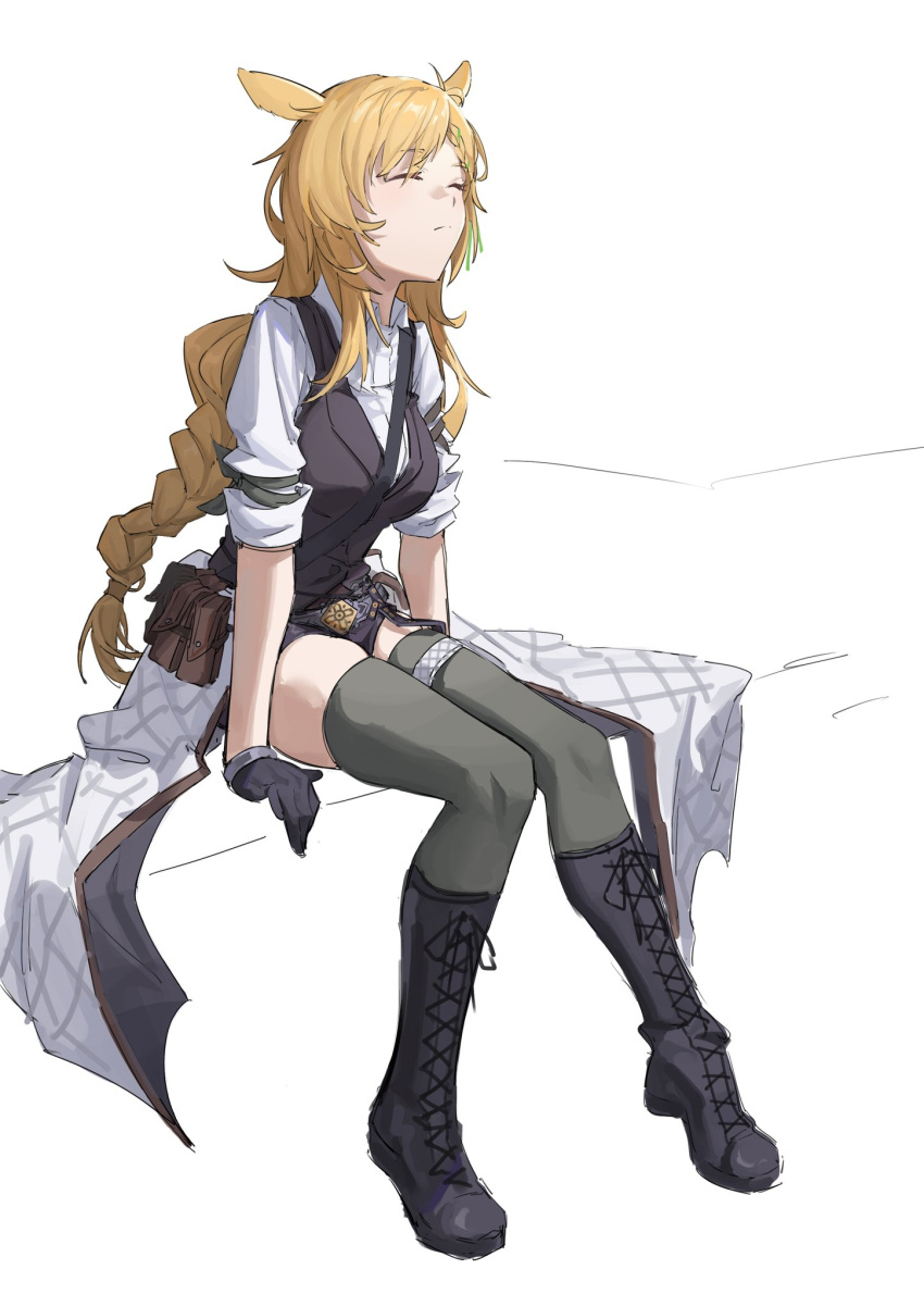 1girl arknights black_footwear black_gloves black_shorts black_vest blonde_hair boots braid braided_ponytail breasts closed_eyes closed_mouth collared_shirt cross-laced_footwear full_body gloves grey_thighhighs highres ken_rqll kroos_(arknights) kroos_the_keen_glint_(arknights) lace-up_boots long_sleeves medium_breasts pouch shirt short_shorts shorts sitting sleeves_pushed_up solo thigh-highs vest white_shirt