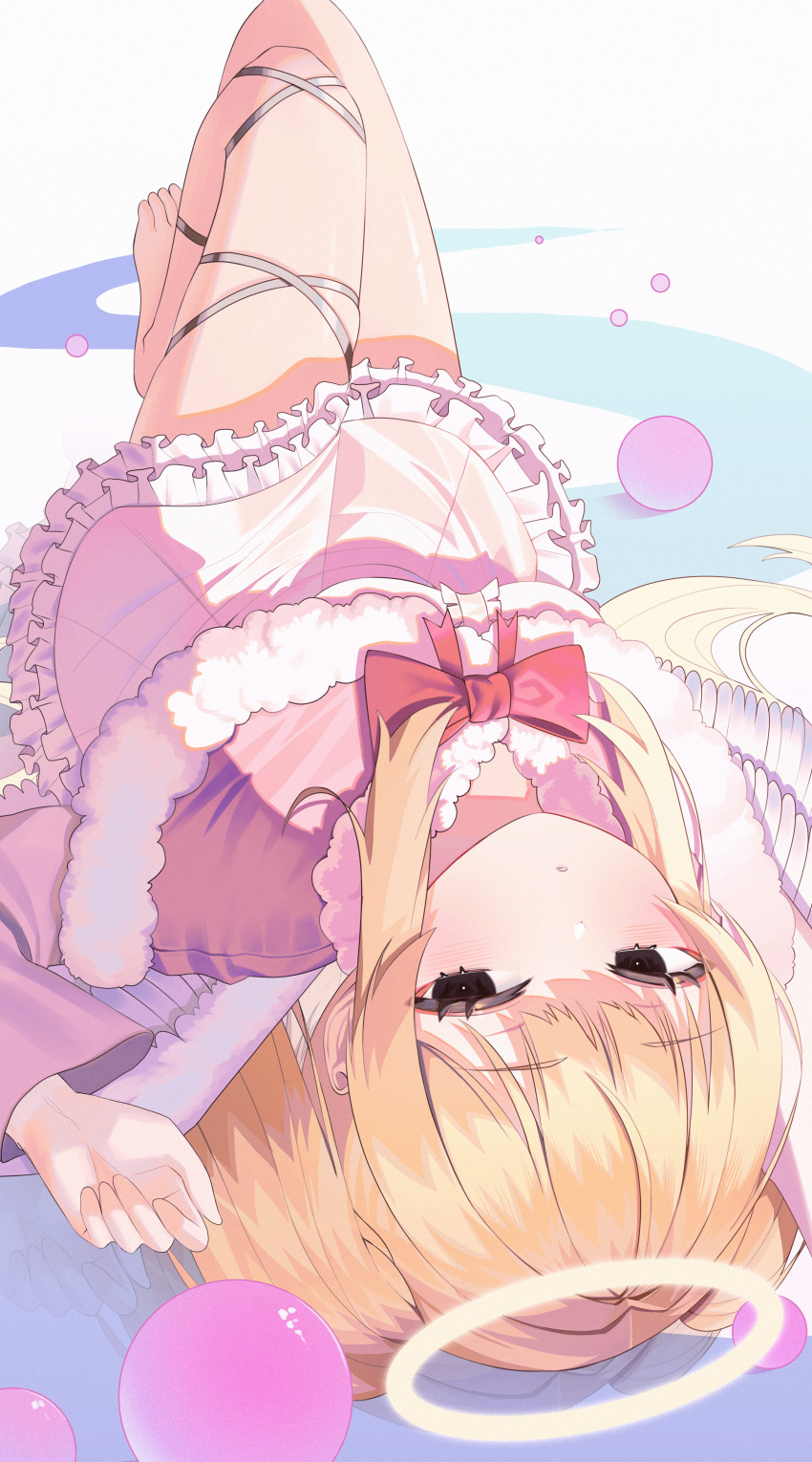 1girl absurdres angel_wings barefoot black_eyes blonde_hair blush bow commission copyright_request dated_commentary dress eyelashes feathered_wings frilled_dress frills fur_trim gimseol halo highres long_sleeves looking_at_viewer lying on_back parted_lips pink_bow pink_dress sidelocks solo twintails white_wings wings