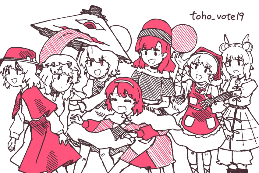 apron ball capelet dress hairband haniyasushin_keiki hat hecatia_lapislazuli heterochromia highres holding holding_umbrella joutouguu_mayumi maribel_hearn mob_cap off-shoulder_shirt off_shoulder partially_colored polos_crown red_eyes red_theme redhead shirt smile tatara_kogasa tenkyuu_chimata tongue tongue_out touhou umbrella usami_renko wasabisuke white_background