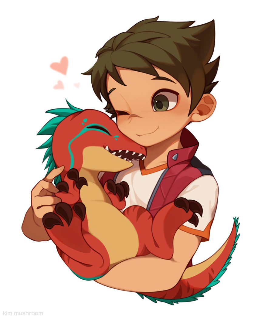 1boy brown_hair carrying closed_mouth dinosaur dinoster green_eyes heart highres jacket kim_mushroom lucio_(dinoster) male_focus one_eye_closed short_hair smile solo