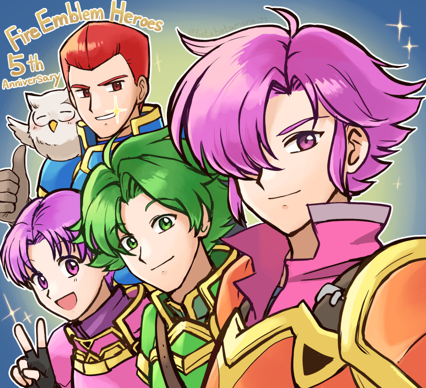 4boys :d betabetamaru commentary_request feh_(fire_emblem_heroes) fingerless_gloves fire_emblem fire_emblem:_mystery_of_the_emblem fire_emblem:_shadow_dragon_and_the_blade_of_light fire_emblem_heroes glint gloves green_eyes green_hair grin hair_over_one_eye highres looking_at_viewer multiple_boys open_mouth purple_hair red_eyes redhead roshea_(fire_emblem) sedgar_(fire_emblem) smile thumbs_up tooth_glint v violet_eyes vyland_(fire_emblem) wolf_(fire_emblem)