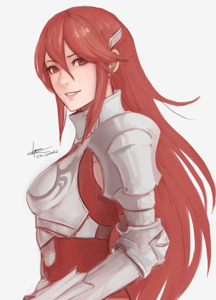 1girl armor armored_dress artist_name breastplate cm_lynarc commentary cordelia_(fire_emblem) dress english_commentary fire_emblem fire_emblem_awakening grin hair_between_eyes hair_ornament highres lips long_hair looking_at_viewer parted_lips pauldrons pink_lips red_dress red_eyes redhead shoulder_armor signature simple_background smile solo very_long_hair white_background wing_hair_ornament