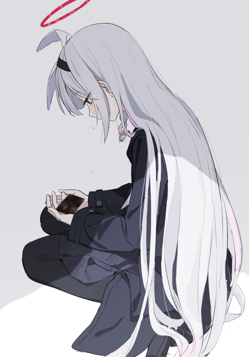 1girl absurdres black_coat black_footwear black_hairband black_pantyhose blue_archive blush coat colored_inner_hair crying crying_with_eyes_open grey_eyes grey_hair hairband halo highres long_hair long_sleeves multicolored_hair nanmo_(nanmokamo) pantyhose pink_hair plana_(blue_archive) red_halo shoes solo tears white_background
