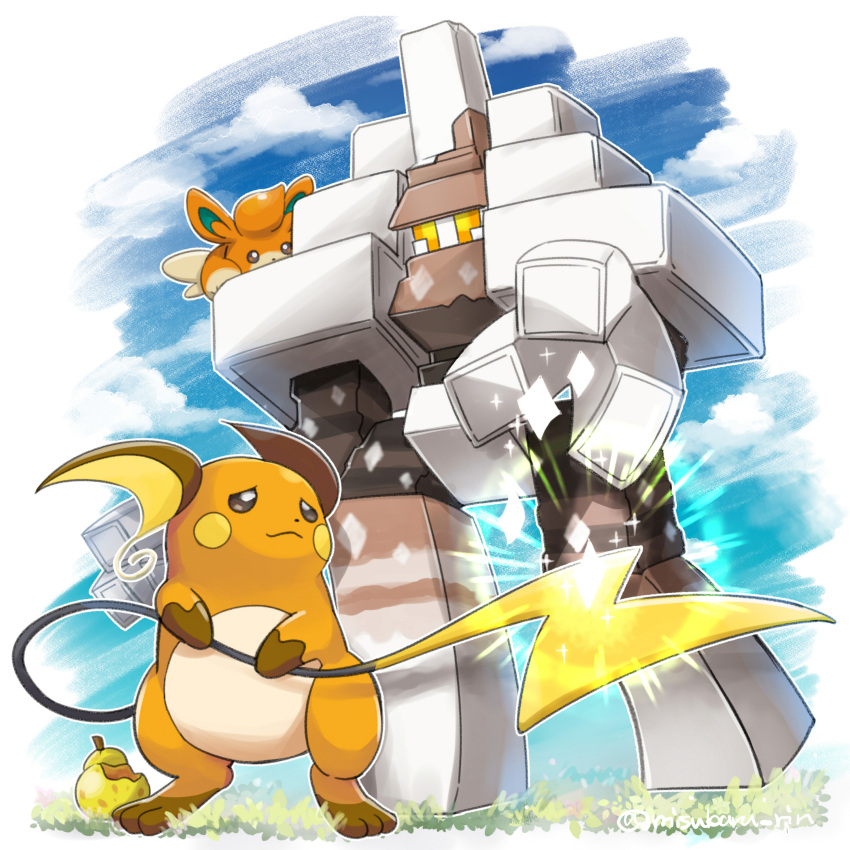 absurdres berry_(pokemon) bright_pupils brown_eyes closed_mouth clouds commentary day garganacl glowing half-closed_eyes highres ms_misubaru_mk2 no_humans outdoors pawmi pokemon pokemon_(creature) raichu sitrus_berry sky standing white_pupils