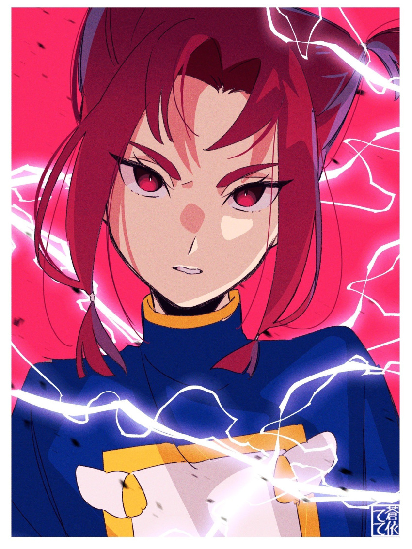 1girl artist_name bad_id bad_twitter_id beryberie blue_coat coat electricity frown glaring hair_tie high_collar highres hirogaru_sky!_precure looking_at_viewer parted_bangs parted_lips precure red_background red_eyes redhead short_hair sidelocks signature solo tete_a two_side_up uniform upper_body