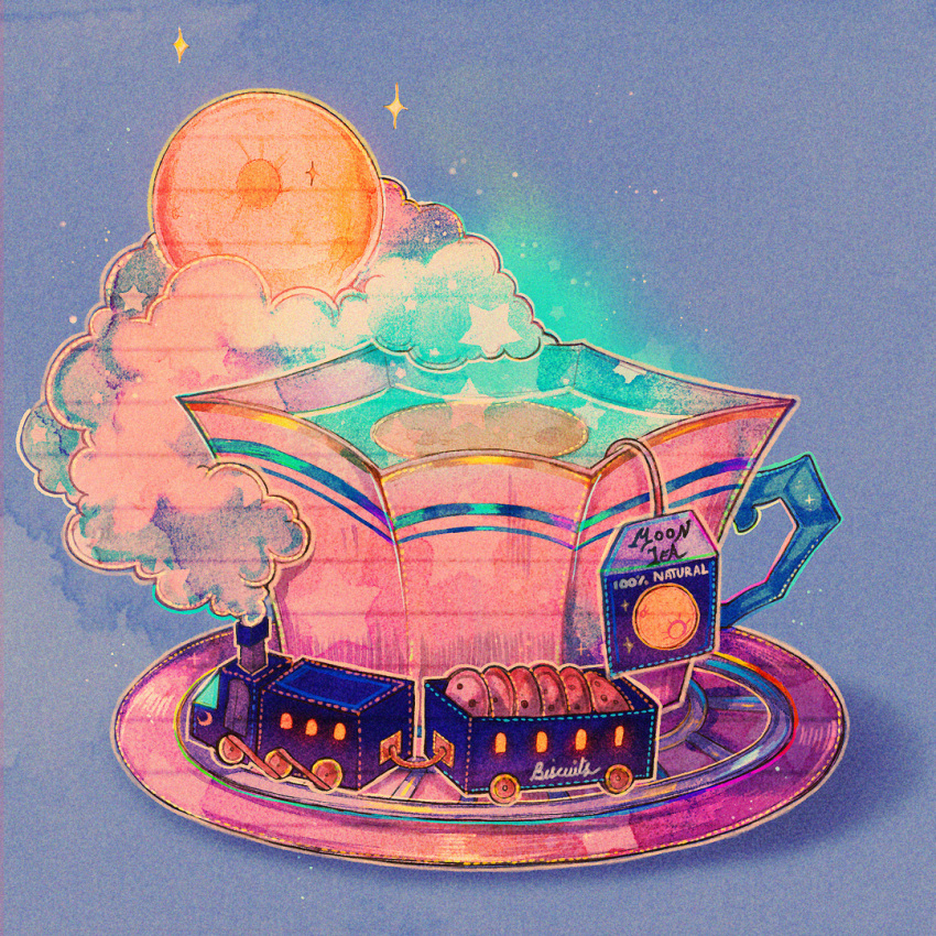 blue_background clouds cookie cup english_commentary food full_moon hoshi-pan moon moon_print no_humans object_focus original plate shadow smoke star_(sky) star_(symbol) still_life tea teabag teacup train
