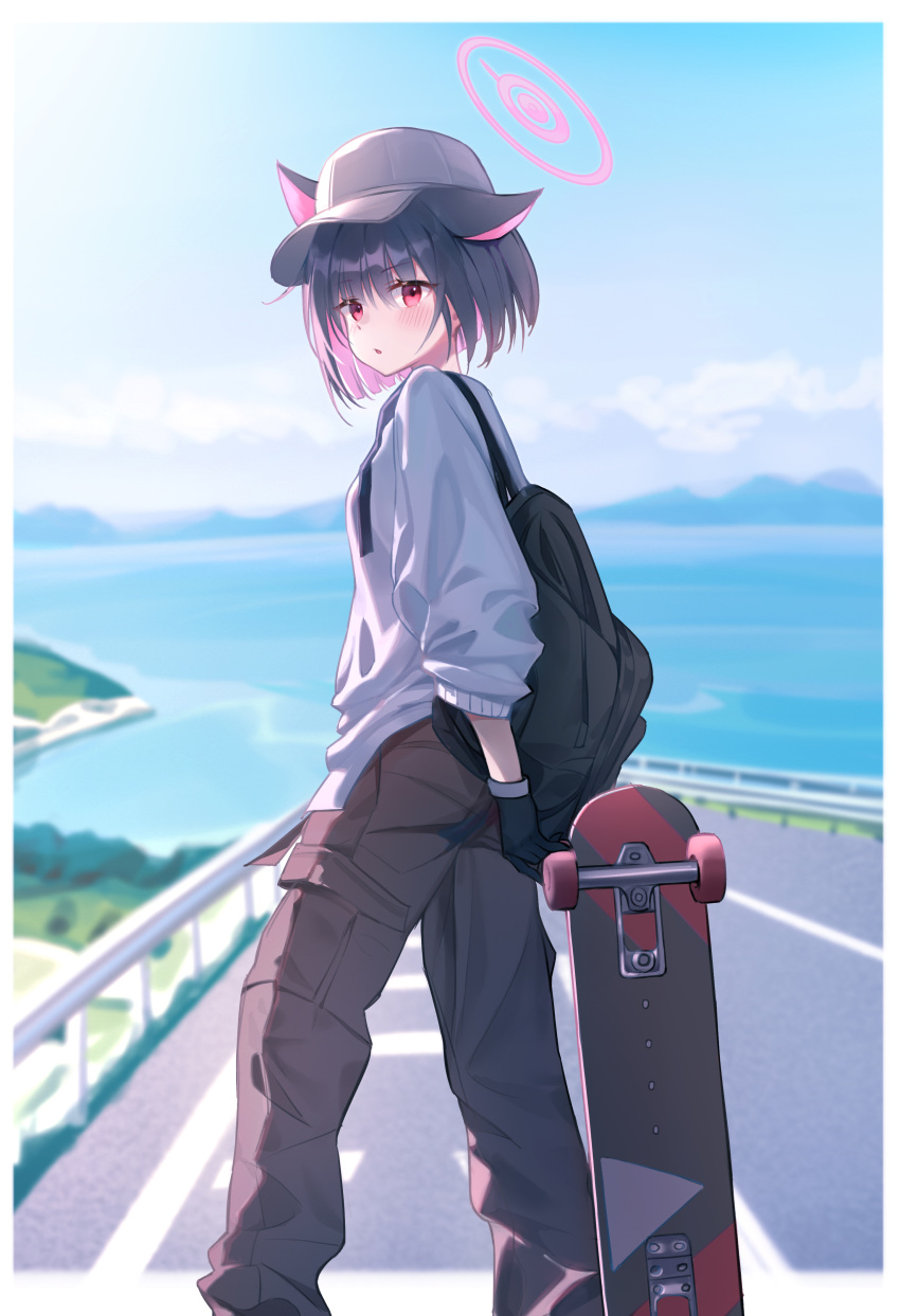 1girl absurdres alternate_costume animal_ears backpack bag beach black_gloves black_hair blue_archive blue_sky blunt_bangs blurry brown_pants cargo_pants casual cat_ears cat_girl clouds cloudy_sky colored_inner_hair commentary_request depth_of_field extra_ears gloves guard_rail halo highres holding holding_skateboard kazusa_(blue_archive) long_sleeves looking_at_viewer mountainous_horizon multicolored_hair ocean outdoors pants parted_lips pocket red_eyes road shirt short_hair sidelocks skateboard sky solo two-tone_hair user_sxaf8777 white_shirt