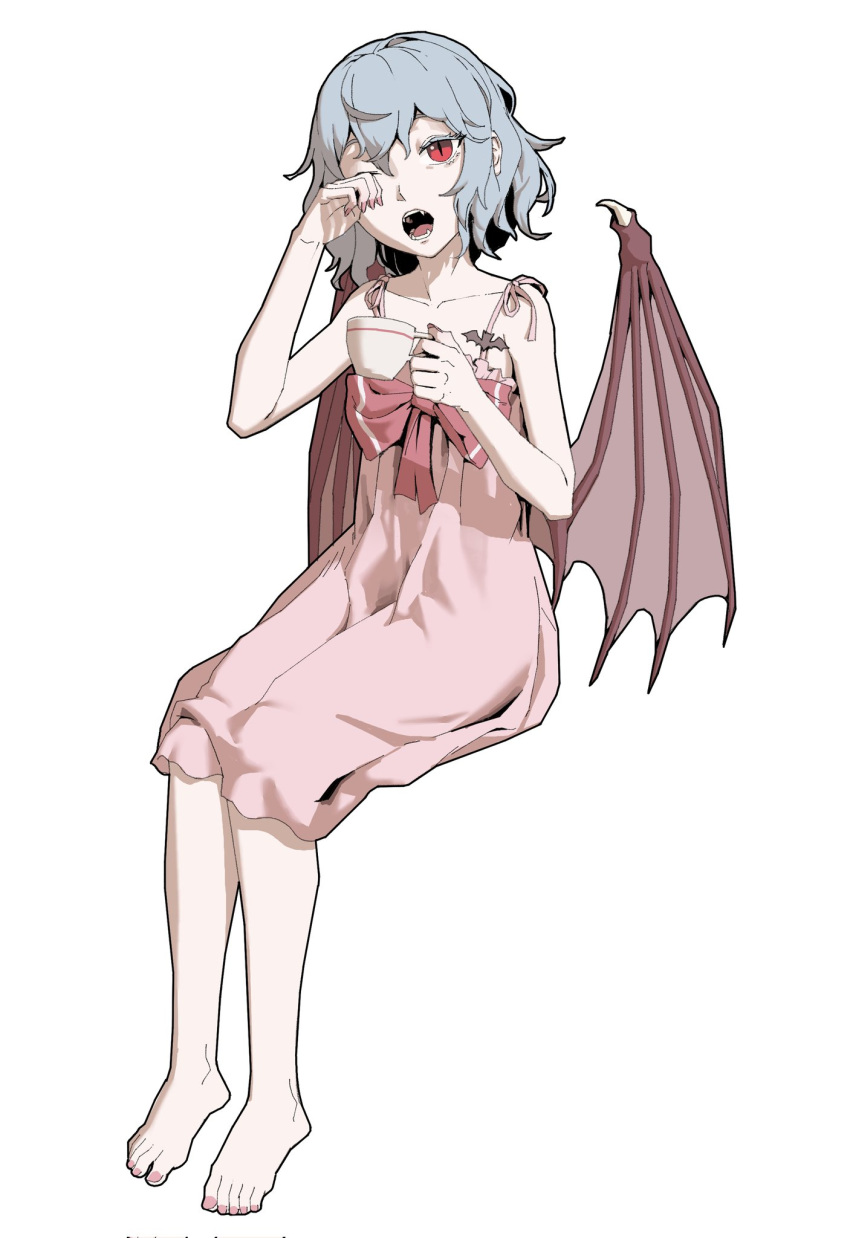 1girl barefoot blue_hair commentary_request cup fangs feet flat_chest full_body highres holding holding_cup invisible_chair medium_hair nightgown one_eye_closed open_mouth pink_nightgown red_eyes remilia_scarlet rubbing_eyes sitting slit_pupils solo teacup toes touhou youpofen