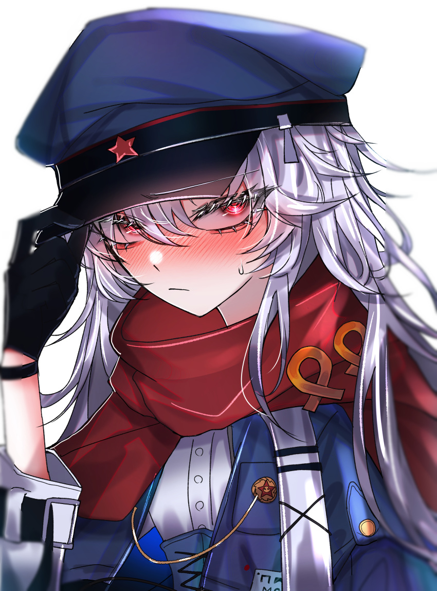 1girl 33_gaff absurdres black_gloves blue_headwear blush commission girls_frontline gloves grey_hair hat highres long_hair looking_at_viewer makarov_(girls'_frontline) makarov_(mod3)_(girls'_frontline) military_hat red_eyes red_scarf red_star scarf simple_background skeb_commission solo star_(symbol) sweatdrop upper_body white_background
