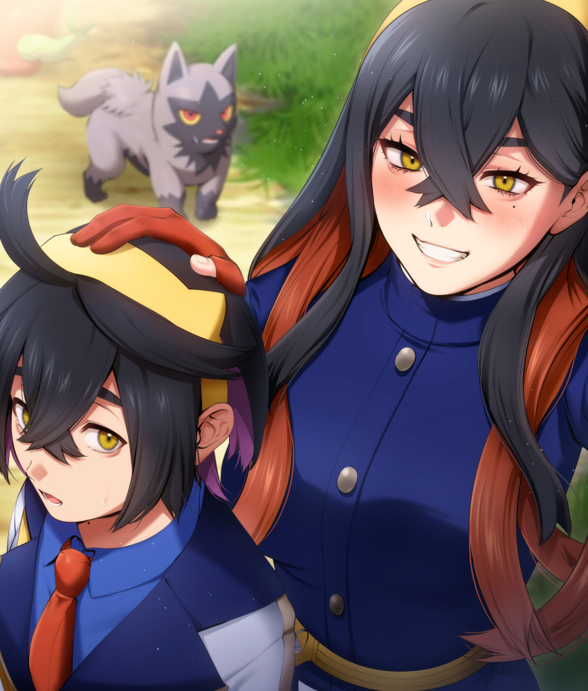 1boy 1girl absurdres black_hair blue_jacket blue_shirt brother_and_sister buttons carmine_(pokemon) collared_shirt commentary_request crossed_bangs day fanny_pack gayu_(vtcf2852) gloves grass grin hair_between_eyes hairband highres jacket kieran_(pokemon) long_hair necktie outdoors partially_fingerless_gloves pokemon pokemon_(creature) pokemon_(game) pokemon_sv poochyena shirt siblings smile teeth yellow_bag yellow_eyes yellow_hairband