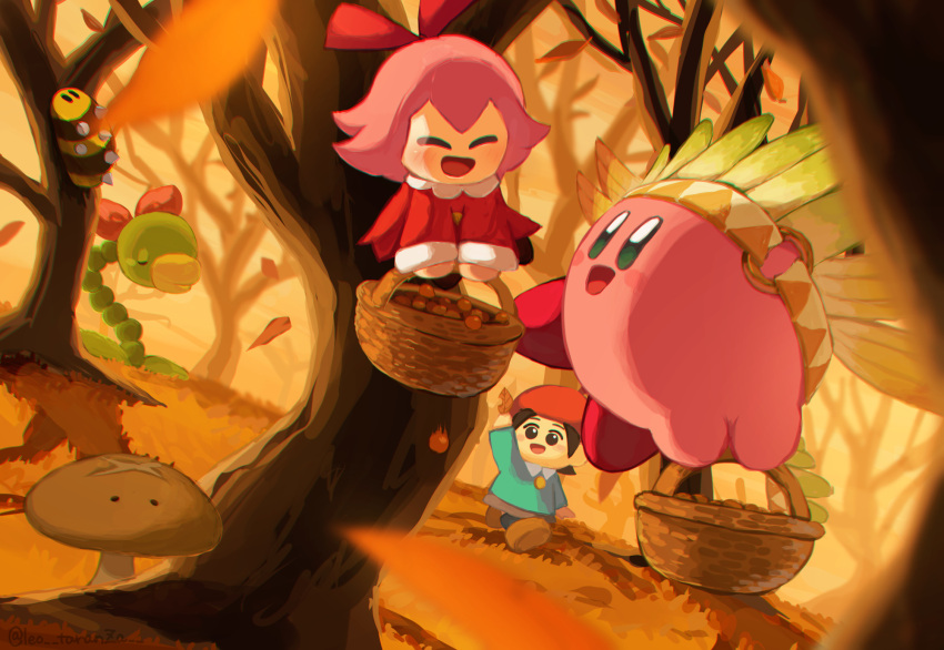 1boy 2girls adeleine autumn autumn_leaves basket black_hair colored_skin copy_ability fairy falling_leaves geromazudake hal_laboratory_inc. highres holding holding_basket human kirby kirby_(series) kirby_(specie) kirby_64:_the_crystal_shards kirby_mass_attack leaf leo_taranza looking_at_another multiple_girls mushroom needlous nintendo open_mouth pink_hair pink_puff_ball pink_skin red_headwear red_ribbon ribbon ribbon_(kirby) smile snoozroot solid_oval_eyes wing_kirby