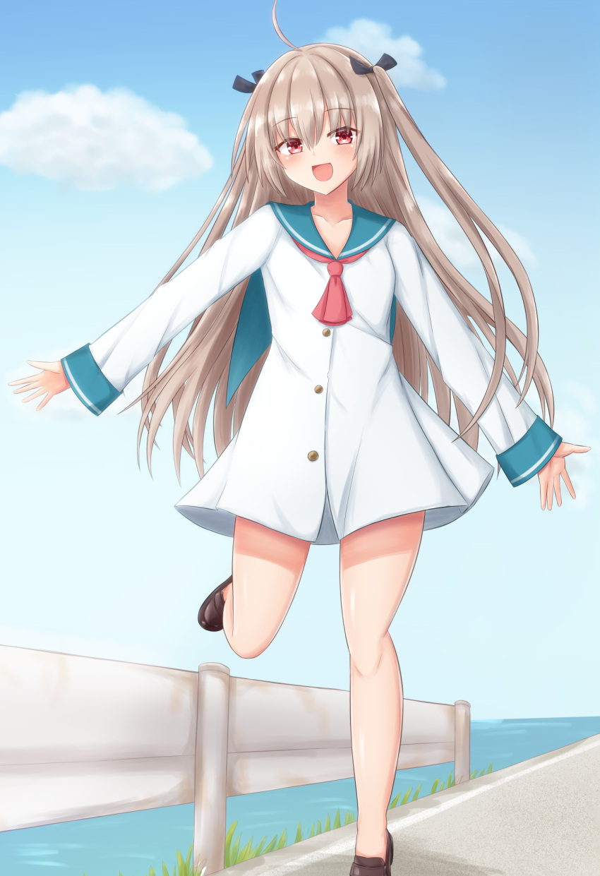 1girl :d ahoge atri atri-my_dear_moments- black_ribbon blue_sailor_collar blue_sky blush brown_footwear commentary_request day dress eyelashes eyes_visible_through_hair feet_out_of_frame floating_hair hair_between_eyes hair_ribbon happy highres light_brown_hair loafers long_hair long_sleeves looking_at_viewer neckerchief ocean open_mouth outdoors outstretched_arms red_eyes red_neckerchief ribbon road sailor_collar sailor_dress school_uniform serafuku shiny_skin shoes short_dress sky smile solo standing standing_on_one_leg straight_hair two_side_up very_long_hair wide_sleeves yuunagi_(yunagi1373)