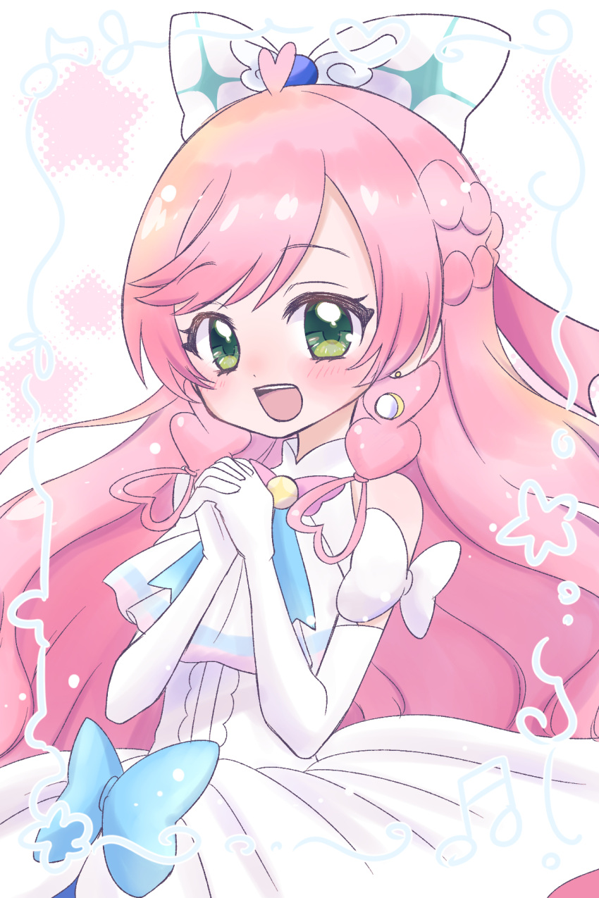 1girl ascot bow braid brooch commentary cure_prism dress dress_bow earrings elbow_gloves french_braid gloves green_eyes hair_bow highres hirogaru_sky!_precure interlocked_fingers jewelry long_hair looking_at_viewer magical_girl nijigaoka_mashiro open_mouth own_hands_together pink_hair precure rozimechicka_01 side_braid sleeveless sleeveless_dress smile solo standing twin_braids very_long_hair white_bow white_dress white_gloves wing_brooch