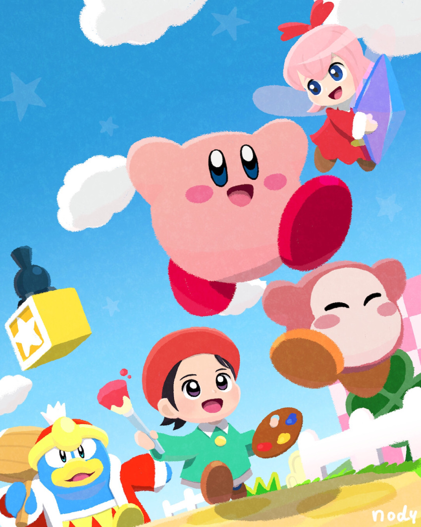 2girls adeleine closed_eyes clouds crystal_shard fairy fairy_wings hammer highres holding holding_hammer holding_paintbrush king_dedede kirby kirby_(series) kirby_64 multiple_girls nody_(nody_lowmoo) open_mouth paintbrush palette_(object) red_ribbon ribbon ribbon_(kirby) shotzo signature smile solid_oval_eyes star_(symbol) waddle_dee wings