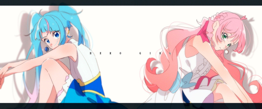 2girls arms_on_knees back-to-back blue_dress blue_eyes blue_hair bow braid center_frills commentary cure_prism cure_sky cut_bangs dress dress_bow earclip earrings english_text french_braid frills from_side gradient_hair green_eyes hair_ribbon highres hirogaru_sky!_precure jewelry leaning_forward letterboxed long_hair looking_at_viewer magical_girl medium_dress mismatched_earrings multicolored_hair multiple_girls nijigaoka_mashiro no_ascot no_cape no_detached_sleeves no_gloves no_hair_bow no_hair_ornament no_legwear pink_hair pink_ribbon precure ribbon shadow short_dress side_braid single_earring single_sidelock sitting sleeveless sleeveless_dress sora_harewataru streaked_hair stud_earrings tete_a twin_braids twintails very_long_hair white_dress