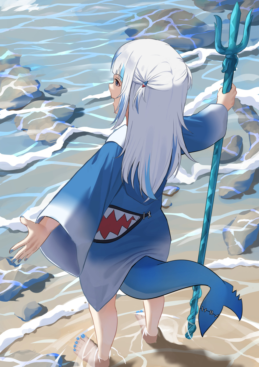 1girl absurdres animal_costume animal_hood beach blue_eyes blue_hair blue_hoodie dscreation_(alan_dwi29) fins fish_tail from_behind full_body gawr_gura gawr_gura_(1st_costume) grey_hair hair_ornament highres holding_trident hololive hololive_english hood hoodie medium_hair multicolored_hair no_shoes open_mouth outdoors outstretched_arms polearm shark_costume shark_girl shark_hair_ornament shark_hood shark_print shark_tail solo streaked_hair tail trident two_side_up virtual_youtuber water weapon