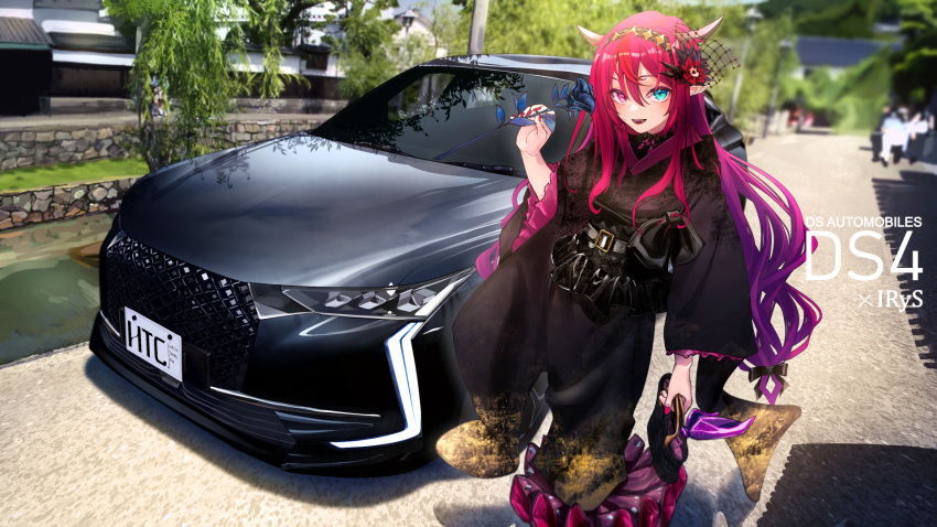 1girl black_kimono blue_eyes building car day ds_(brand) flower gradient_hair hairband heterochromia highres holding holding_flower hololive hololive_english horns irys_(hololive) japanese_clothes kimono motor_vehicle multicolored_hair nail_polish outdoors photo_background pink_eyes purple_hair red_nails redhead virtual_youtuber you'a yukata