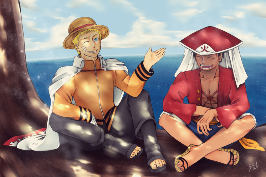 2boys aged_up black_hair blonde_hair blue_eyes brillantkaro cape closed_eyes clouds cloudy_sky crossed_legs crossover day full_body hat male_focus monkey_d._luffy multiple_boys naruto naruto_(series) one_eye_closed one_piece open_clothes open_mouth outdoors red_shirt sandals scar scar_on_cheek scar_on_chest scar_on_face shirt short_hair shorts signature sitting sky smile straw_hat teeth uzumaki_naruto whiskers white_cape