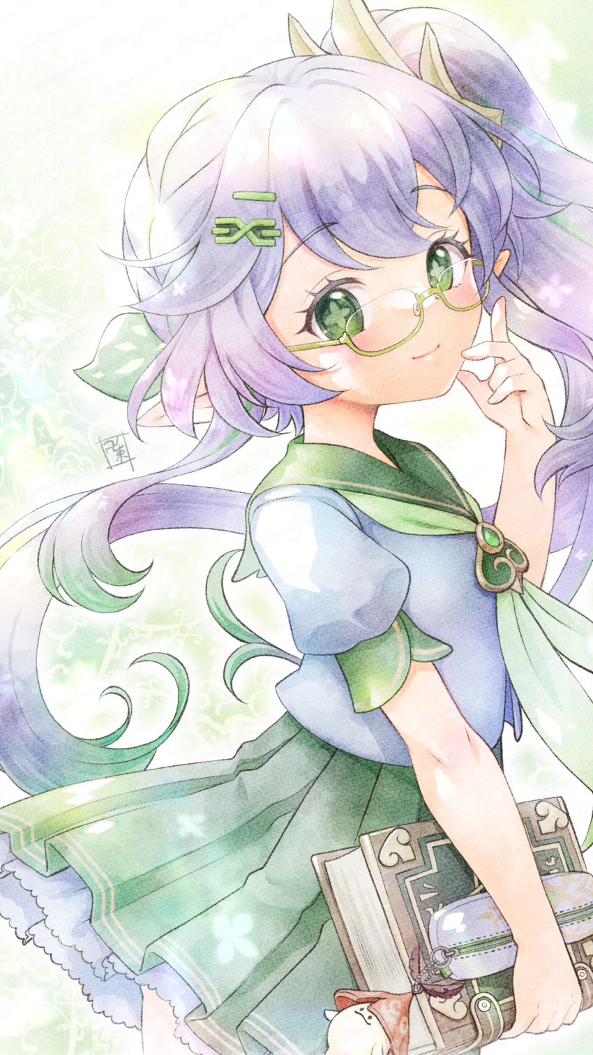 1girl alternate_costume aranara_(genshin_impact) bag_charm bespectacled book charm_(object) commentary_request contemporary from_side genshin_impact glasses gradient_hair green_eyes green_skirt hair_between_eyes hair_ornament hairclip head_tilt highres holding holding_book leaf_hair_ornament long_hair looking_at_viewer looking_to_the_side manji_taba multicolored_hair nahida_(genshin_impact) outdoors pencil_case pleated_skirt pointy_ears school_uniform semi-rimless_eyewear serafuku short_sleeves side_ponytail sidelocks simple_background skirt smile solo streaked_hair symbol-shaped_pupils two-tone_hair white_hair