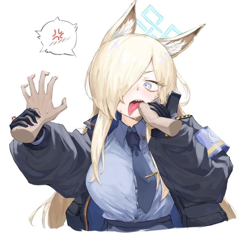 1girl absurdres animal_ear_fluff animal_ears blonde_hair blue_archive blue_eyes breasts eyelashes finger_in_another's_mouth hair_over_one_eye halo highres kanna_(blue_archive) large_breasts lechiennoir long_hair necktie police police_uniform policewoman sharp_teeth simple_background teeth uniform white_background
