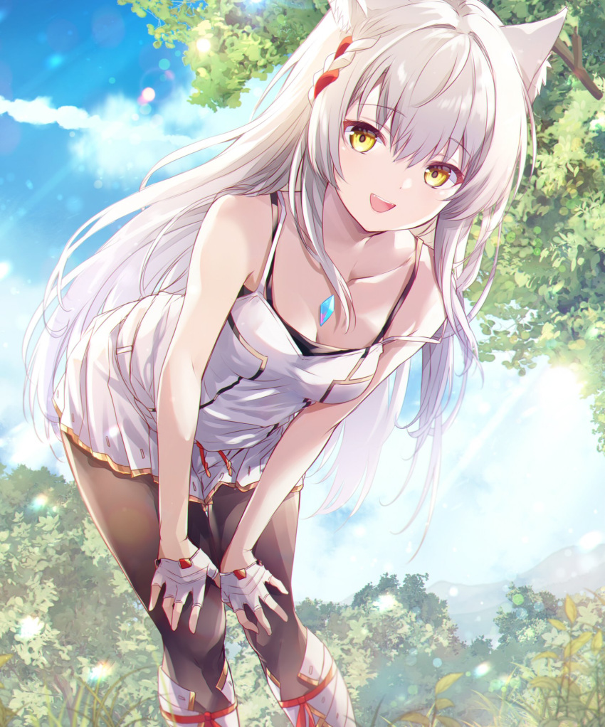 1girl animal_ears bare_shoulders black_pantyhose blue_sky breasts cat_ears chest_jewel clouds commentary_request core_crystal_(xenoblade) day fingerless_gloves gloves grey_hair hair_between_eyes half_gloves highres long_hair looking_at_viewer mio_(xenoblade) open_mouth outdoors pantyhose pleated_skirt shirt skirt sky sleeveless sleeveless_shirt small_breasts smile solo sunlight teeth tree ui_frara upper_teeth_only very_long_hair white_gloves white_shirt white_skirt xenoblade_chronicles_(series) xenoblade_chronicles_3 yellow_eyes