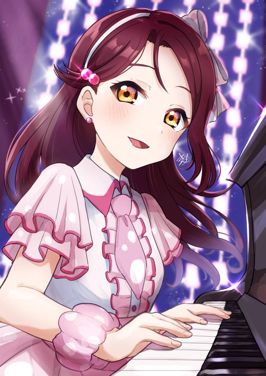 1girl absurdres birthday breasts commentary earrings hair_ornament hairband highres instrument jewelry kyaku_tatsu long_hair looking_at_viewer love_live! love_live!_sunshine!! omoi_yo_hitotsu_ni_nare piano redhead sakurauchi_riko scrunchie small_breasts smile solo upper_body wrist_scrunchie yellow_eyes