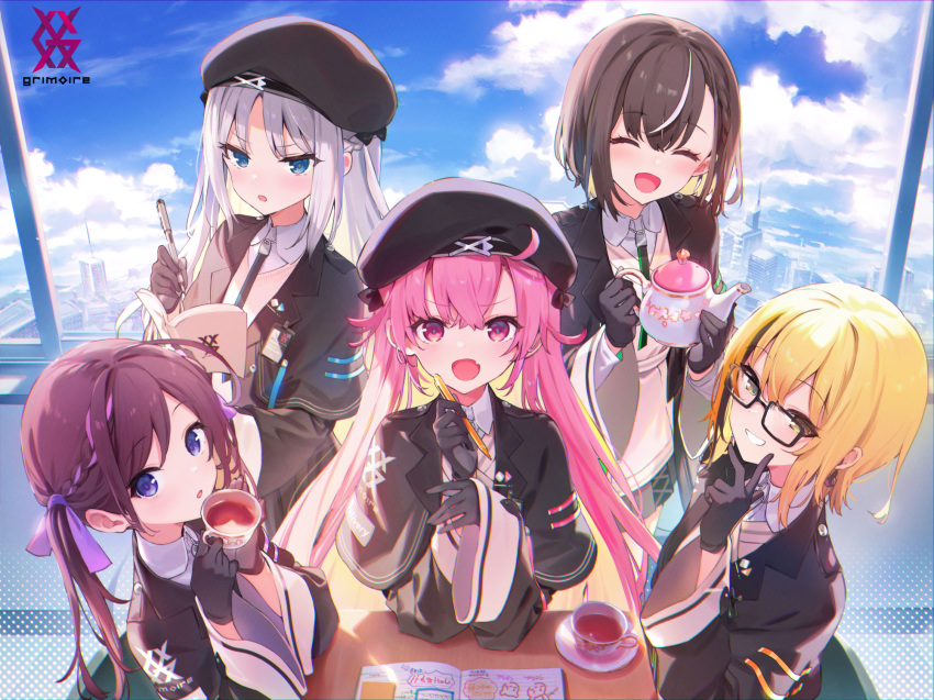 5girls beret black_gloves black_headwear blonde_hair blue_eyes brown_hair building character_request closed_eyes clouds copyright_request fang glasses gloves hat highres holding holding_notebook holding_pen id_card multicolored_hair multiple_girls notebook official_art pen pink_eyes pink_hair shnva skin_fang streaked_hair teapot twintails violet_eyes wide_sleeves window yellow_eyes