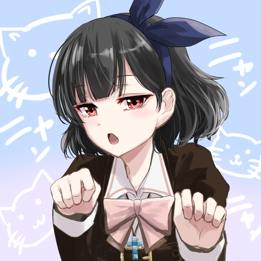 1girl animal_background assault_lily black_hair blue_background blue_bow blue_hairband blunt_bangs bow bow_hairband brown_jacket cat collared_shirt commentary_request cross cross_necklace gradient_background hair_bow hairband hands_up highres jacket jewelry kuroki_francisca_yuria light_blush long_sleeves looking_ahead ludvico_private_girls'_academy_school_uniform medium_hair necklace open_mouth paw_pose purple_background red_eyes school_uniform shirt solo upper_body urutsu_sahari white_shirt