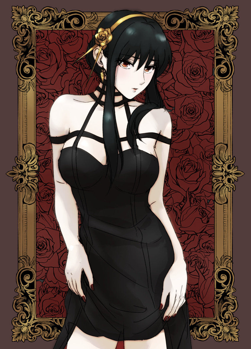 1girl absurdres black_dress breasts dress earrings gold_earrings gold_hairband hair_bun hairband highres jewelry large_breasts long_hair looking_at_viewer nail_polish parted_lips red_eyes red_nails solo spy_x_family tama_._kogifu two-sided_fabric yor_briar