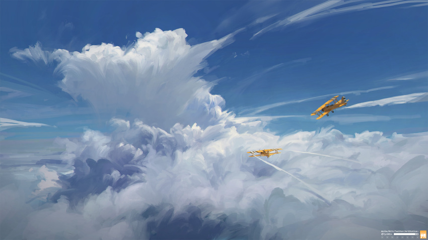 aircraft airplane artist_logo biplane blue_sky clouds day highres original outdoors scenery sky sky_focus yucong_tang
