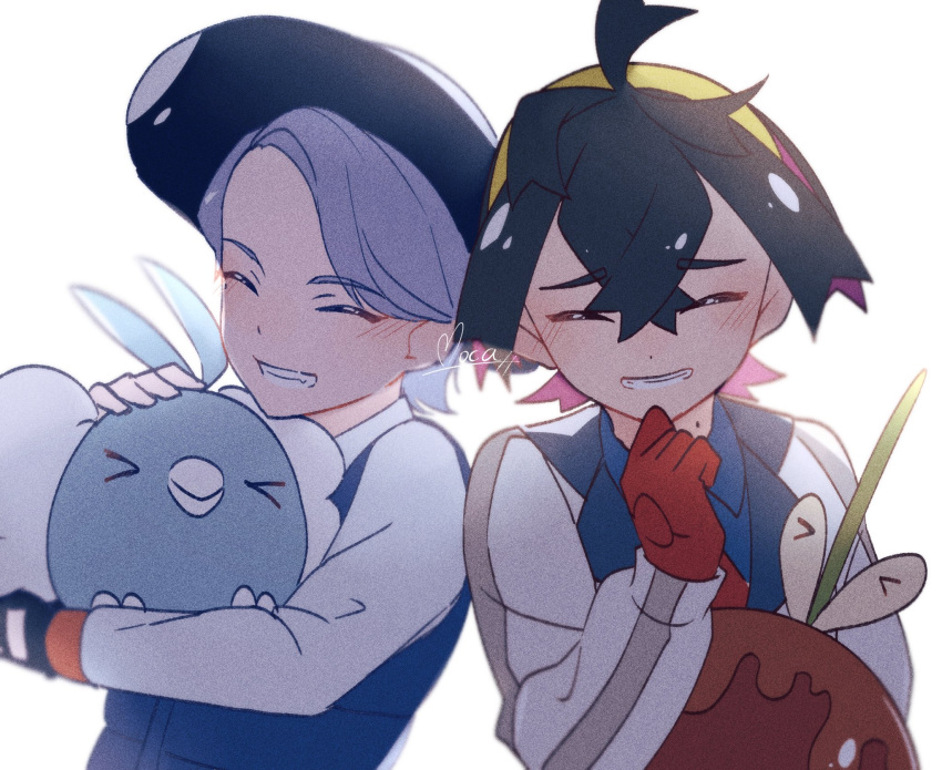 2boys black_gloves black_hair blue_shirt blurry blush closed_eyes collared_shirt commentary crossed_bangs dipplin florian_(pokemon) gloves grin hair_between_eyes hairband hand_up hat highres holding holding_pokemon jacket kieran_(pokemon) male_focus mocacoffee_1001 mole mole_on_neck multiple_boys necktie pokemon pokemon_(creature) pokemon_(game) pokemon_sv red_gloves red_necktie shirt smile swablu teeth white_background white_jacket white_shirt yellow_hairband