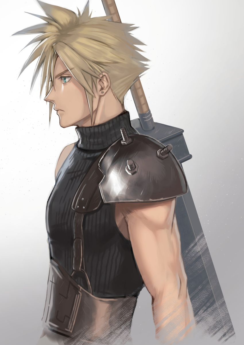 1boy @acchom_zatta absurdres armor blonde_hair blue_eyes blue_sweater buster_sword closed_mouth cloud_strife commentary_request earrings final_fantasy final_fantasy_vii final_fantasy_vii_remake from_side gradient_background highres huge_weapon jewelry male_focus profile ribbed_sweater short_hair shoulder_armor single_bare_shoulder sleeveless sleeveless_turtleneck solo spiky_hair stud_earrings suspenders sweater sword sword_on_back turtleneck turtleneck_sweater upper_body weapon weapon_on_back