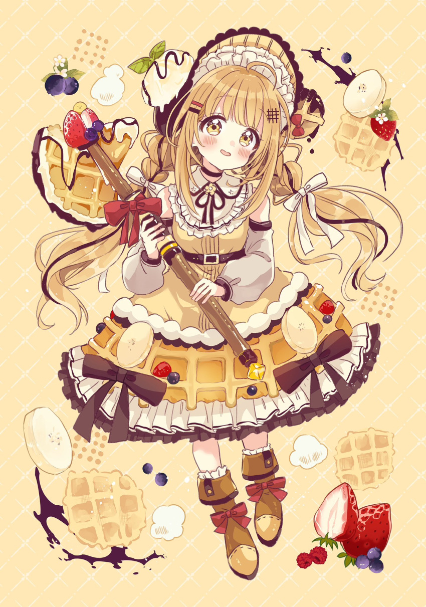 1girl ahoge banana banana_slice bare_shoulders black_bow black_hair black_headwear blueberry blush bonnet boots bow brown_background brown_footwear brown_hair brown_shirt collared_shirt commentary_request flower food food-themed_clothes fruit hair_ornament hairclip head_tilt highres holding ice_cream long_hair long_sleeves looking_at_viewer low_twintails multicolored_hair original puffy_long_sleeves puffy_sleeves sakura_oriko shirt solo strawberry streaked_hair twintails very_long_hair waffle white_flower