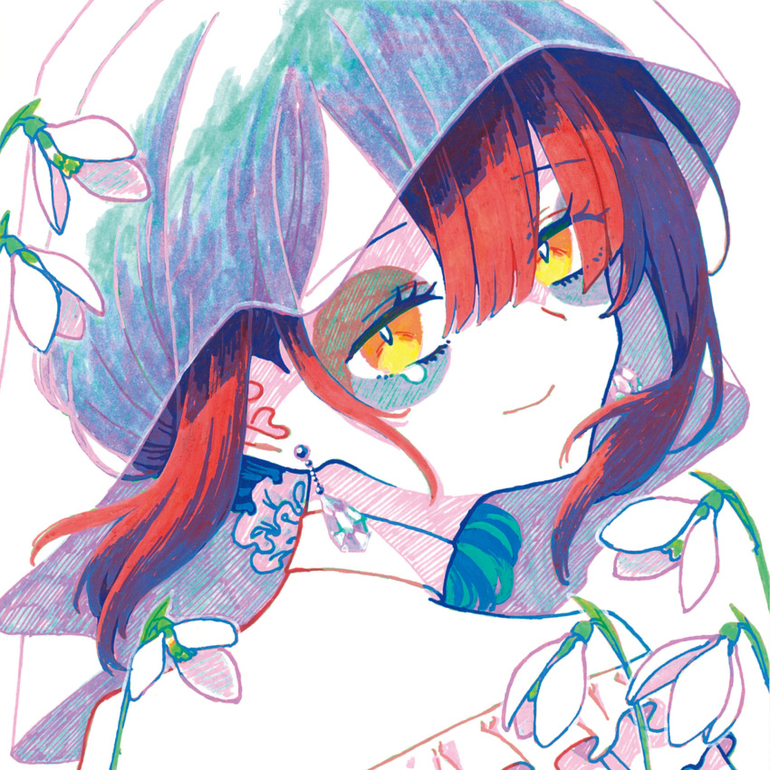 1girl bags_under_eyes choker closed_mouth commentary_request earrings flower hair_between_eyes highres indie_virtual_youtuber jewelry limited_palette looking_at_viewer looking_back mizuinokima portrait redhead short_hair smile snowdrop_(flower) solo tearing_up upper_body veil virtual_youtuber white_background white_choker white_flower yellow_eyes yosumi_(vtuber)
