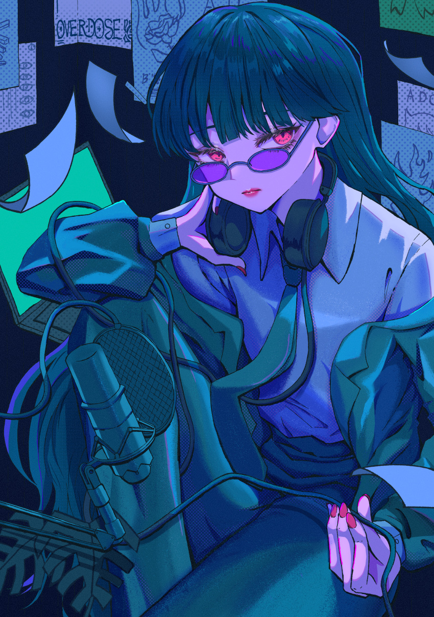 1girl absurdres ado_(utaite) black_hair blunt_bangs cable character_name closed_mouth computer cowboy_shot fingernails glasses hand_on_headphones headphones headphones_around_neck highres holding holding_cable jacket knee_up laptop long_hair long_sleeves looking_to_the_side microphone neon_palette off_shoulder open_clothes open_jacket overdose_(natori) pants paper pop_filter purple-tinted_eyewear red_eyes red_nails shirt sitting solo song_name takayou tinted_eyewear very_long_hair white_shirt