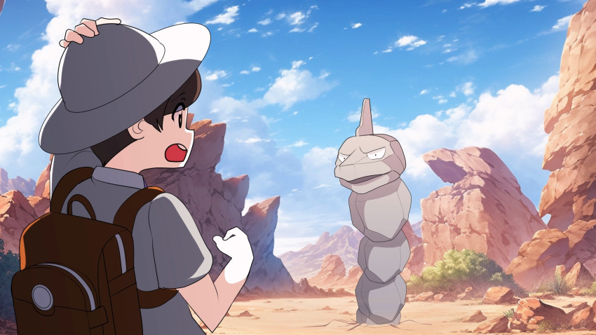 1boy adjusting_clothes adjusting_headwear arm_up backpack bag black_eyes blue_sky brown_eyes brown_hair bush clouds commentary_request constricted_pupils day desert english_commentary eye_contact florian_(pokemon) grapeanime grey_headwear grey_shirt hat highres looking_at_another male_focus mixed-language_commentary onix open_mouth outdoors over_shoulder partial_commentary pokemon pokemon_(creature) shirt short_hair short_sleeves sideways_mouth sky standing teeth upper_body