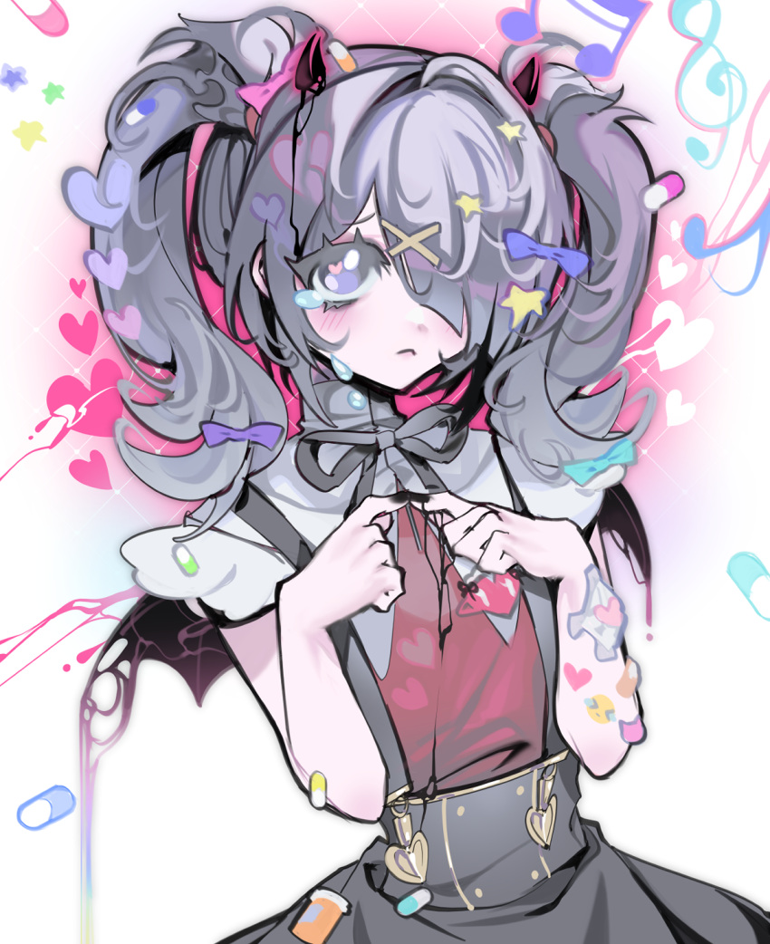 1girl ame-chan_(needy_girl_overdose) black_horns black_nails black_ribbon black_skirt black_wings blush closed_mouth collar collared_shirt commentary crying crying_with_eyes_open demon_horns demon_wings english_commentary fidgeting frown grey_hair hair_ornament hair_over_one_eye hairclip hands_up heart highres horns index_fingers_together long_hair melting mokiette musical_note nail_polish neck_ribbon needy_girl_overdose pill pill_bottle purple_ribbon red_shirt ribbon shirt shirt_tucked_in skirt solo star_(symbol) suspender_skirt suspenders tears twintails violet_eyes white_collar wings x_hair_ornament