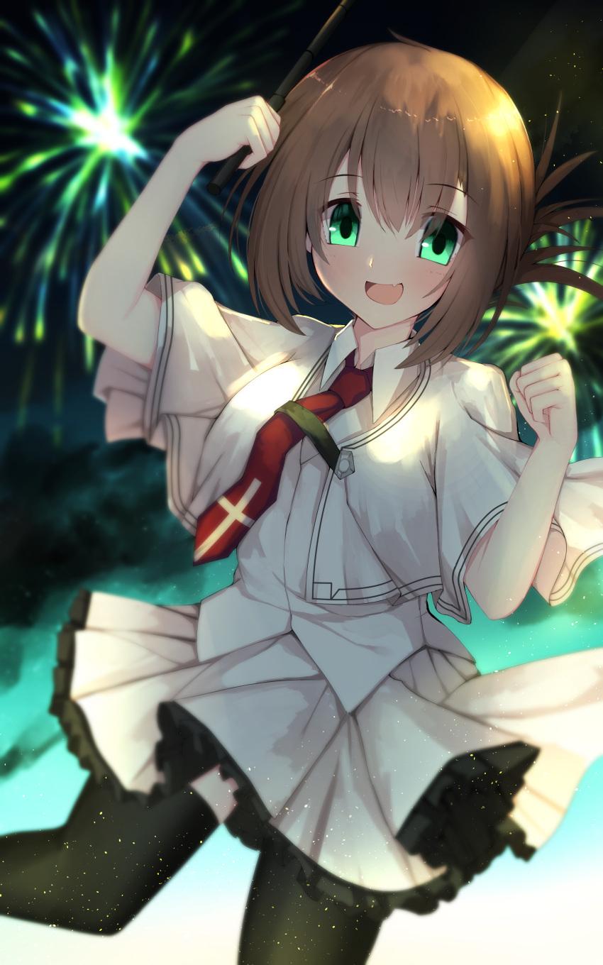 1girl :d absurdres aerial_fireworks arm_up black_thighhighs blurry blurry_background blush brown_hair capelet clenched_hand commentary cowboy_shot cross_print eyes_visible_through_hair fang fireworks floating_clothes folded_ponytail frilled_skirt frills green_eyes hair_between_eyes hand_up highres holding holding_whip light_particles looking_at_viewer medium_hair miniskirt necktie night nodoameyatou open_mouth outdoors pleated_skirt red_necktie school_uniform shirt skin_fang skirt smile solo standing standing_on_one_leg subarashiki_hibi tachibana_kimika thigh-highs white_capelet white_shirt zettai_ryouiki