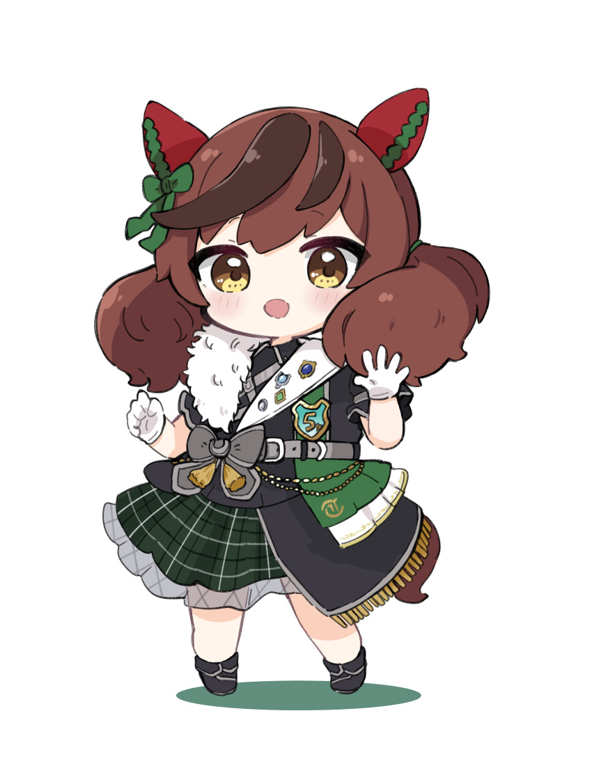 1girl :d animal_ears black_footwear black_jacket bow brown_eyes brown_hair chibi colored_shadow commentary_request ear_bow fringe_trim full_body gloves green_bow green_skirt hands_up highres horse_ears horse_girl horse_tail jacket long_hair looking_at_viewer multicolored_hair nice_nature_(umamusume) nozo_(hitomiz) plaid plaid_skirt puffy_short_sleeves puffy_sleeves shadow shoes short_sleeves simple_background skirt smile solo standing streaked_hair tail twintails umamusume white_background white_gloves