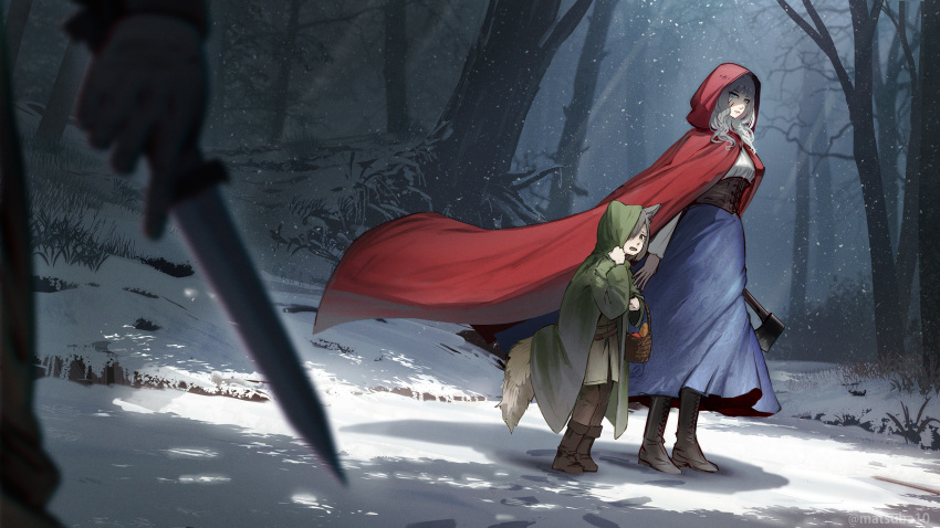 1girl 2others animal_ears axe basket child corset dagger fantasy forest green_hood grey_hair highres hirokima holding holding_axe holding_dagger holding_knife holding_weapon knife long_hair multiple_others nature original red_hood skirt snow weapon