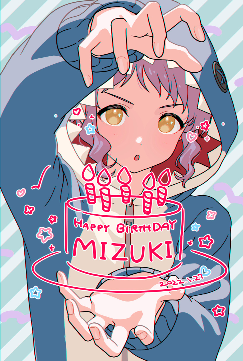 :o absurdres animal_costume animal_hood blue_background blue_pajamas cake candle commentary dated dot_nose food hands_up happy_birthday heart highres hood idolmaster idolmaster_million_live! idolmaster_million_live!_theater_days long_sleeves looking_at_viewer makabe_mizuki mimizubare pajamas purple_hair shark_costume shark_hood short_hair sidelocks sparkling_eyes star_(symbol) striped striped_background upper_body v-shaped_eyebrows wavy_hair yellow_eyes