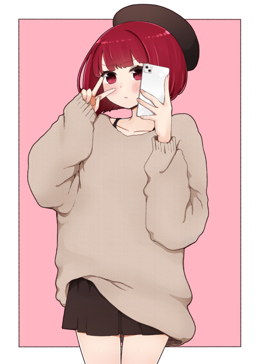 1girl arima_kana beret black_headwear black_skirt blush brown_sweater cellphone closed_mouth hands_up hat highres holding holding_phone i.u.y long_sleeves looking_at_viewer oshi_no_ko phone pinching_sleeves pink_background pleated_skirt puffy_long_sleeves puffy_sleeves red_eyes redhead short_hair skirt sleeves_past_wrists solo standing sweater two-tone_background v white_background